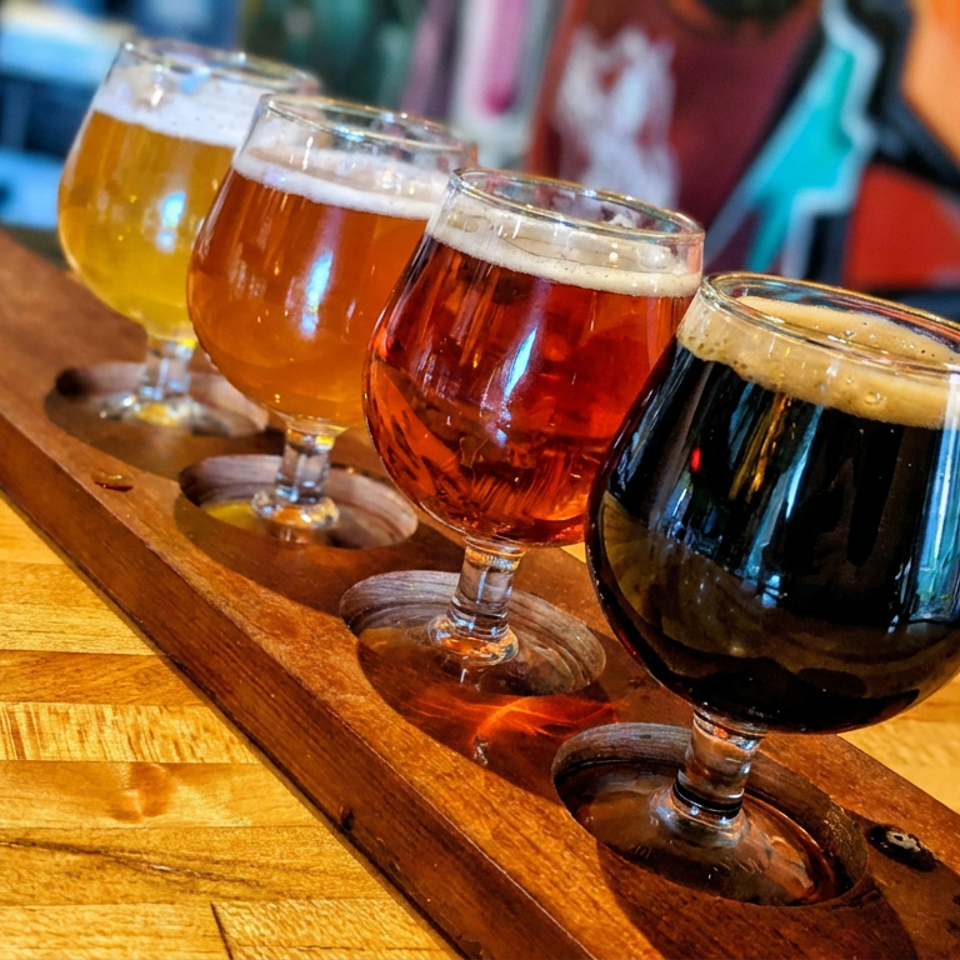 Four beers ranging from golden to dark are served in stemmed glasses on a wooden tasting flight board.