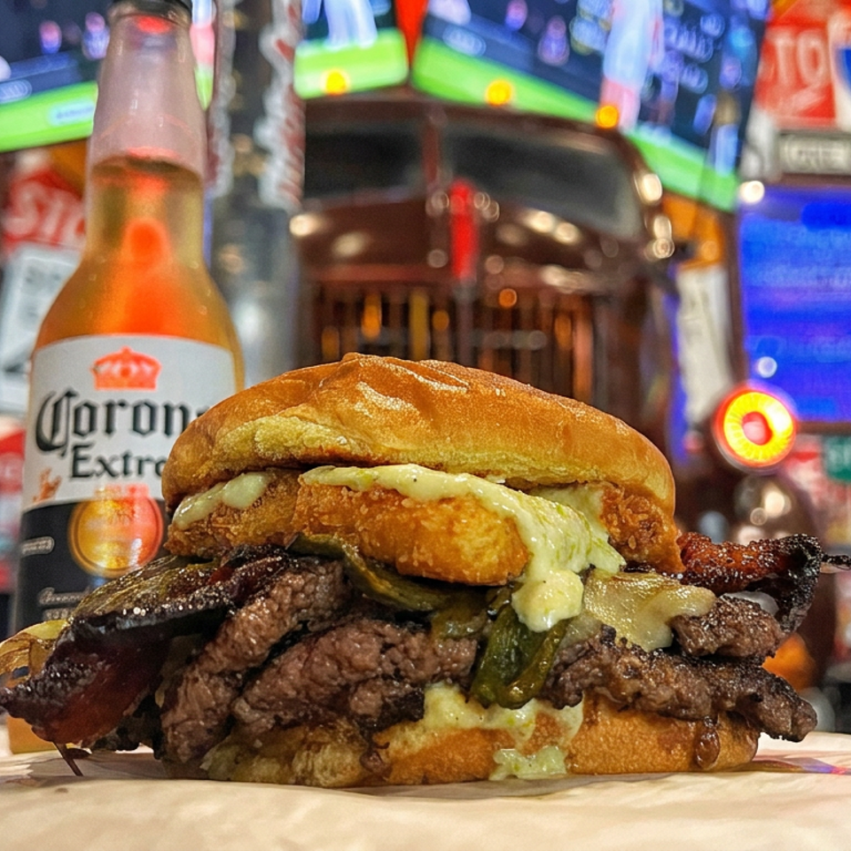 Juicy stacked cheeseburger with melted cheese and grilled meat beside a Corona Extra beer in a sports bar.