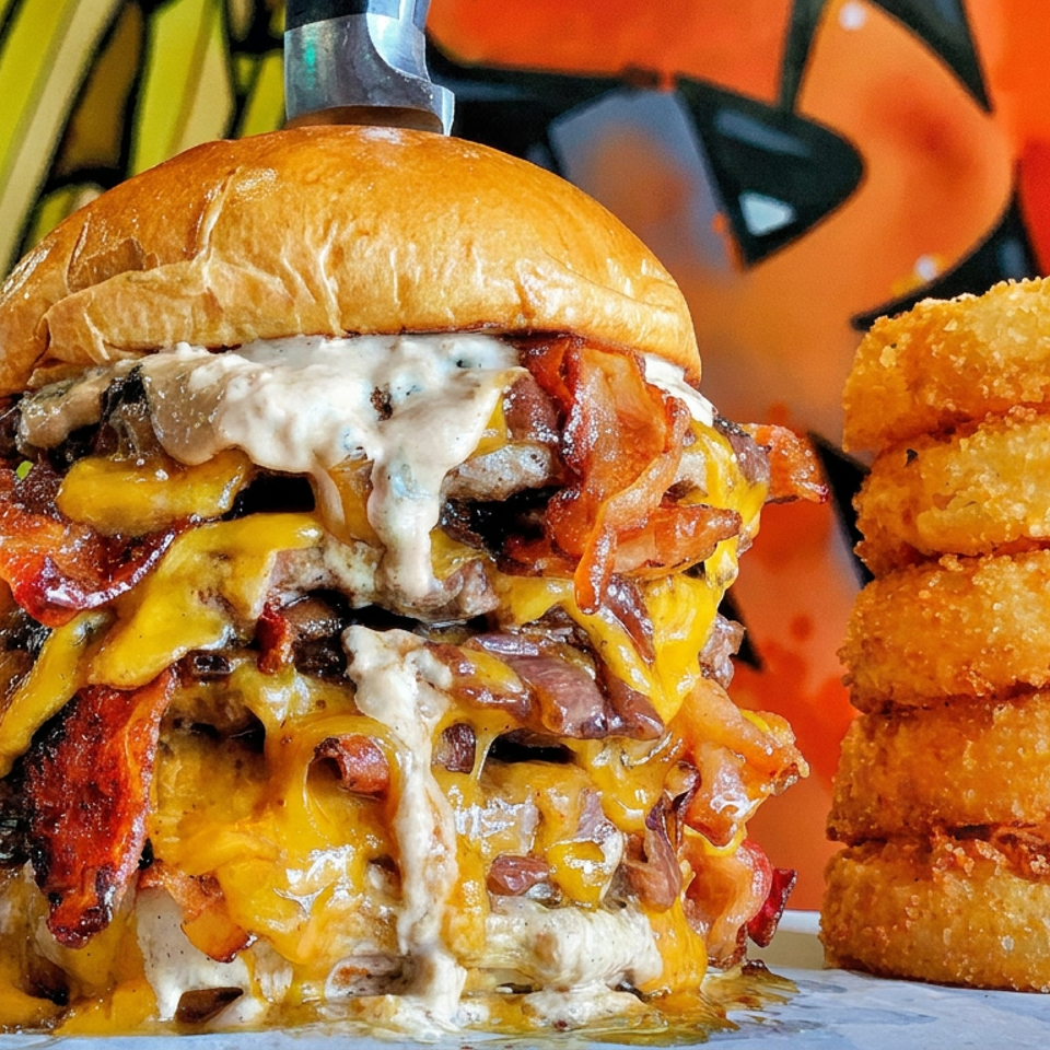 Towering bacon cheeseburger with melted cheese beside stacked golden onion rings against colorful graffiti.