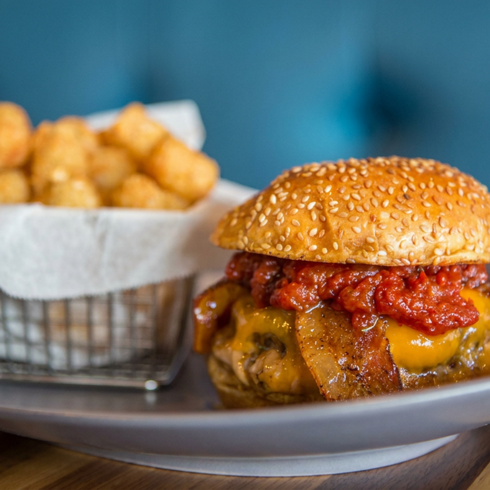 Cheeseburger with bacon, tomato relish, and melted cheese served with golden fries on a plate.