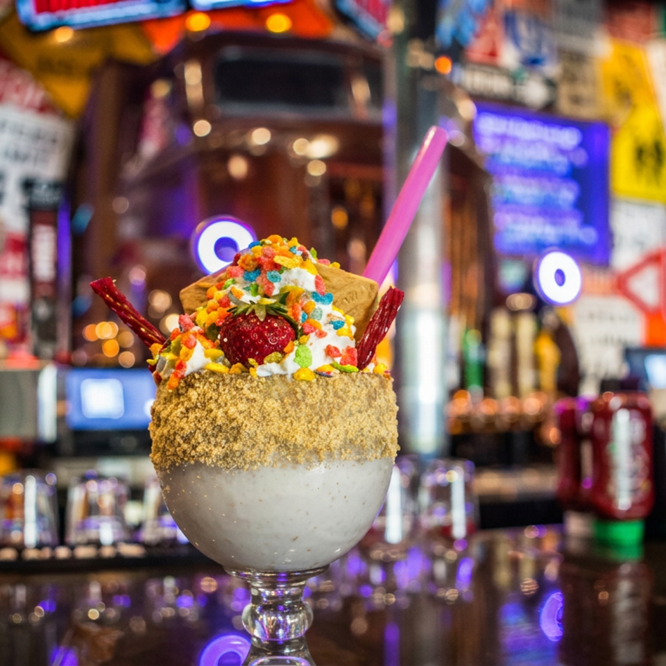 Colorful dessert cocktail topped with whipped cream, sprinkles, strawberries, cookies, and pink straw on a vibrant bar counter.