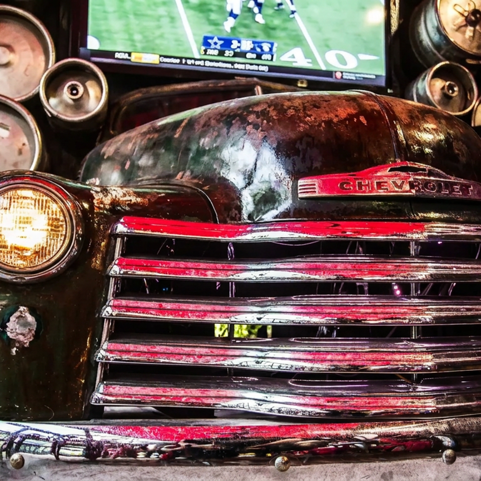Vintage Chevrolet truck front decorates a dim sports bar, surrounded by metal drums and a television showing football.