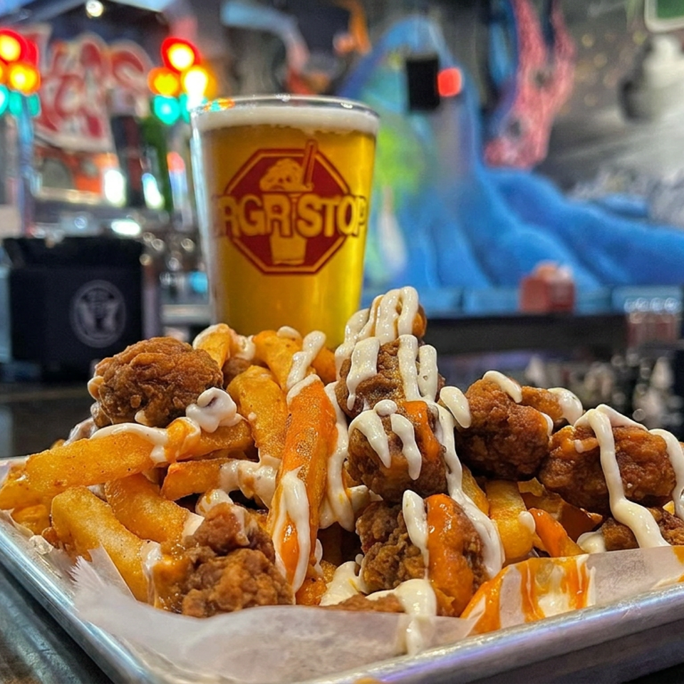Loaded fries topped with fried chicken pieces and creamy sauce beside a branded beer in a colorful graffiti-decorated restaurant.