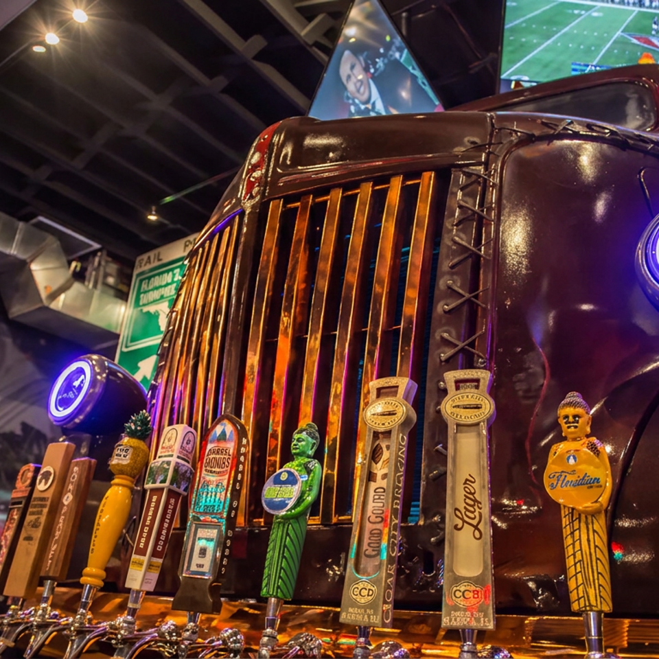 Craft beer taps line a vintage truck-themed bar while televisions show football in a lively restaurant.
