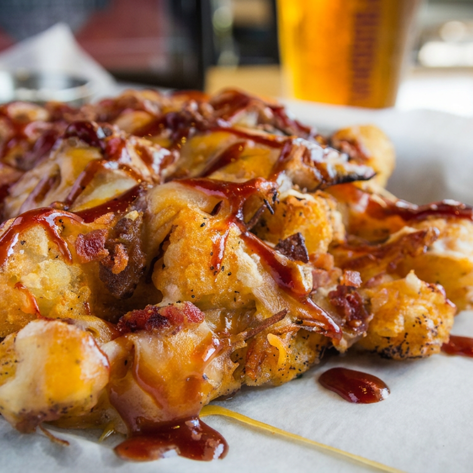 Crispy tater tots topped with melted cheese, bacon, and barbecue sauce on a paper-lined plate.