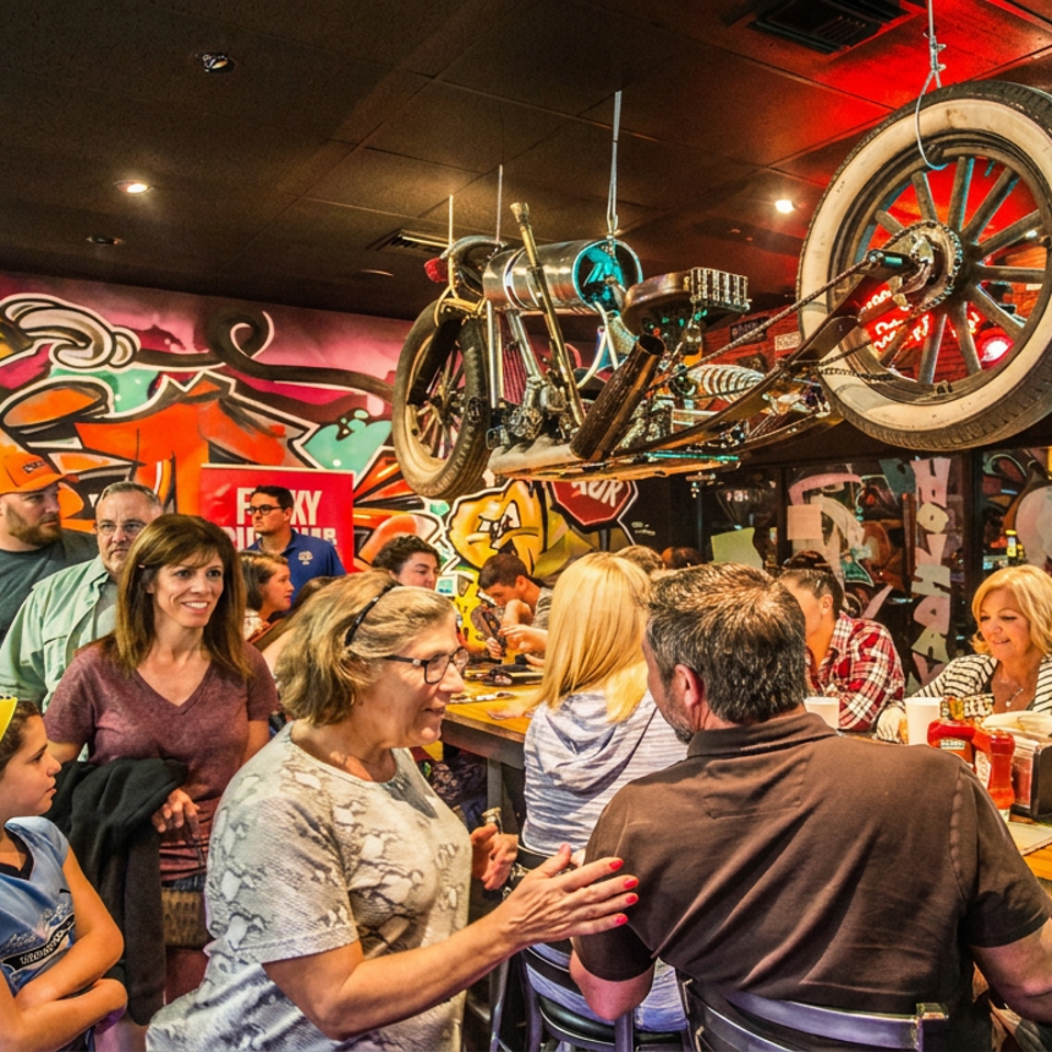 Busy restaurant dining room with families, graffiti-style murals, vintage motorcycles, and American memorabilia decorating the walls.