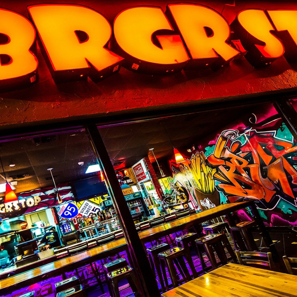 Neon-lit Brogstor bar interior featuring colorful graffiti murals, a long counter, stools, and wooden tables.