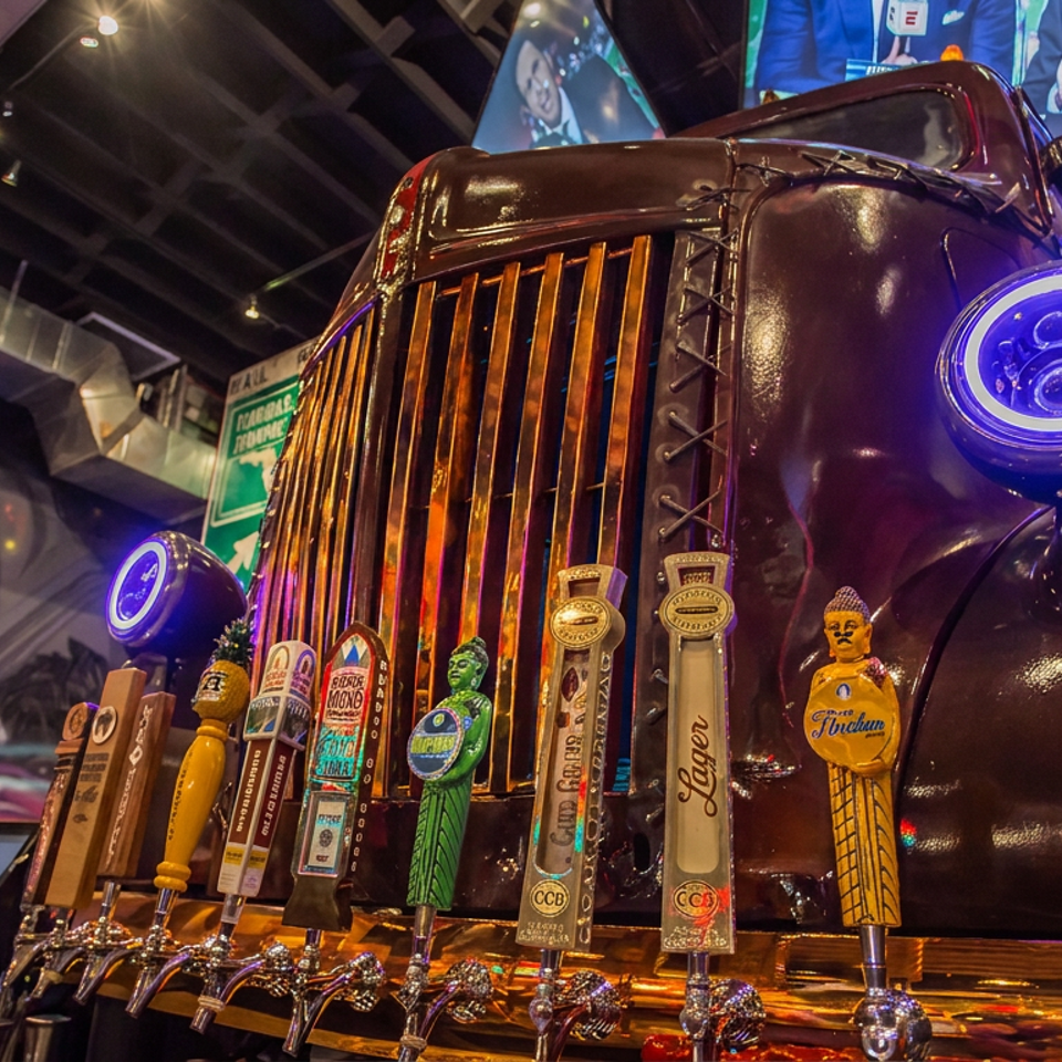 Vintage automobile grille decorates a lively bar, surrounded by colorful beer taps, neon lighting, and traffic signs.