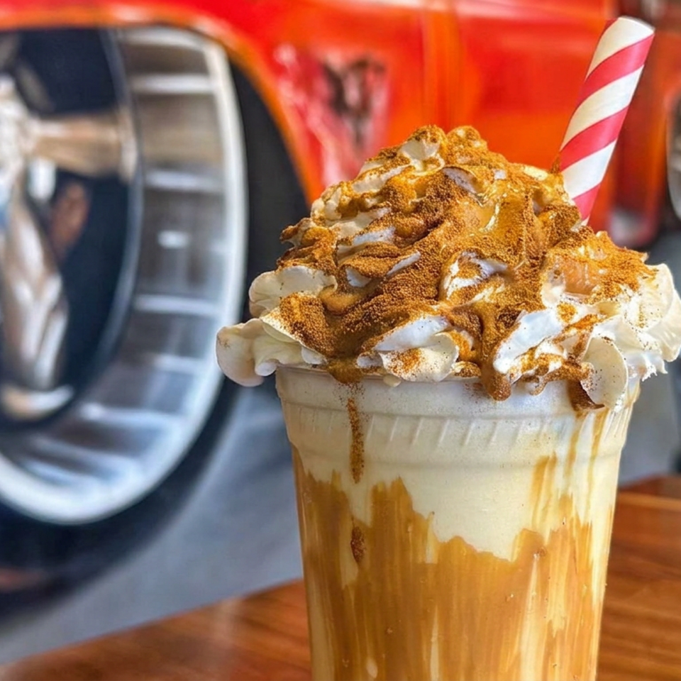 Caramel iced coffee topped with whipped cream, cinnamon, and a striped straw on a wooden table beside a red vehicle.