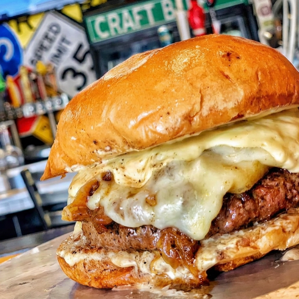 Gourmet cheeseburger with melted cheese and caramelized onions on a wooden counter in a lively restaurant.