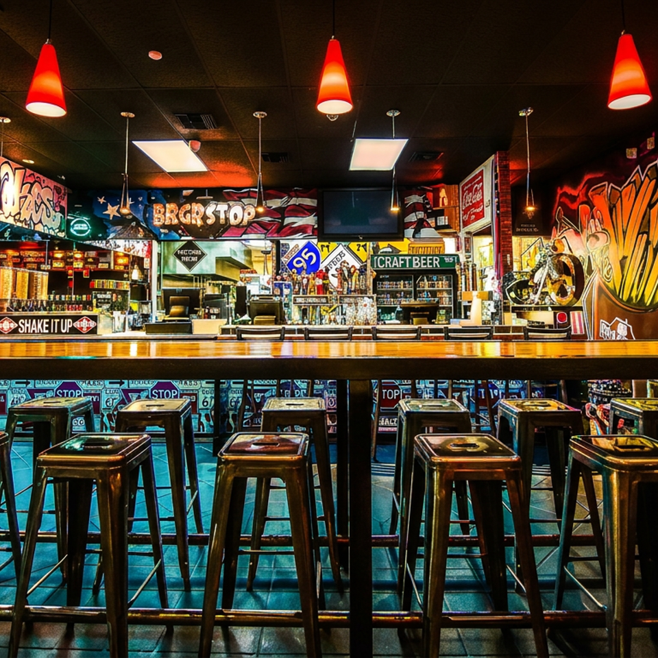 Colorful graffiti-lined restaurant bar with red pendant lights, a wooden counter, rows of metal stools, and beer taps.