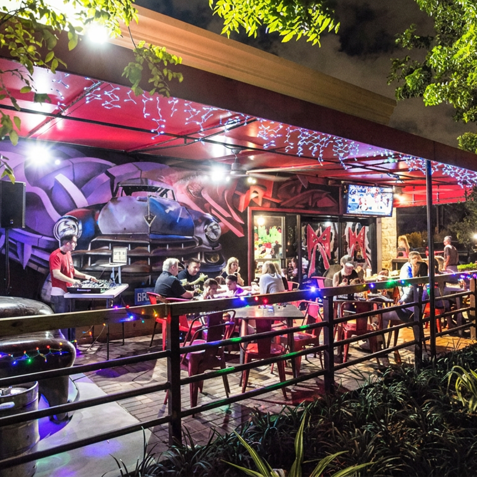 Nighttime outdoor restaurant patio with diners, colorful string lights, and a vintage car mural beneath a covered awning.