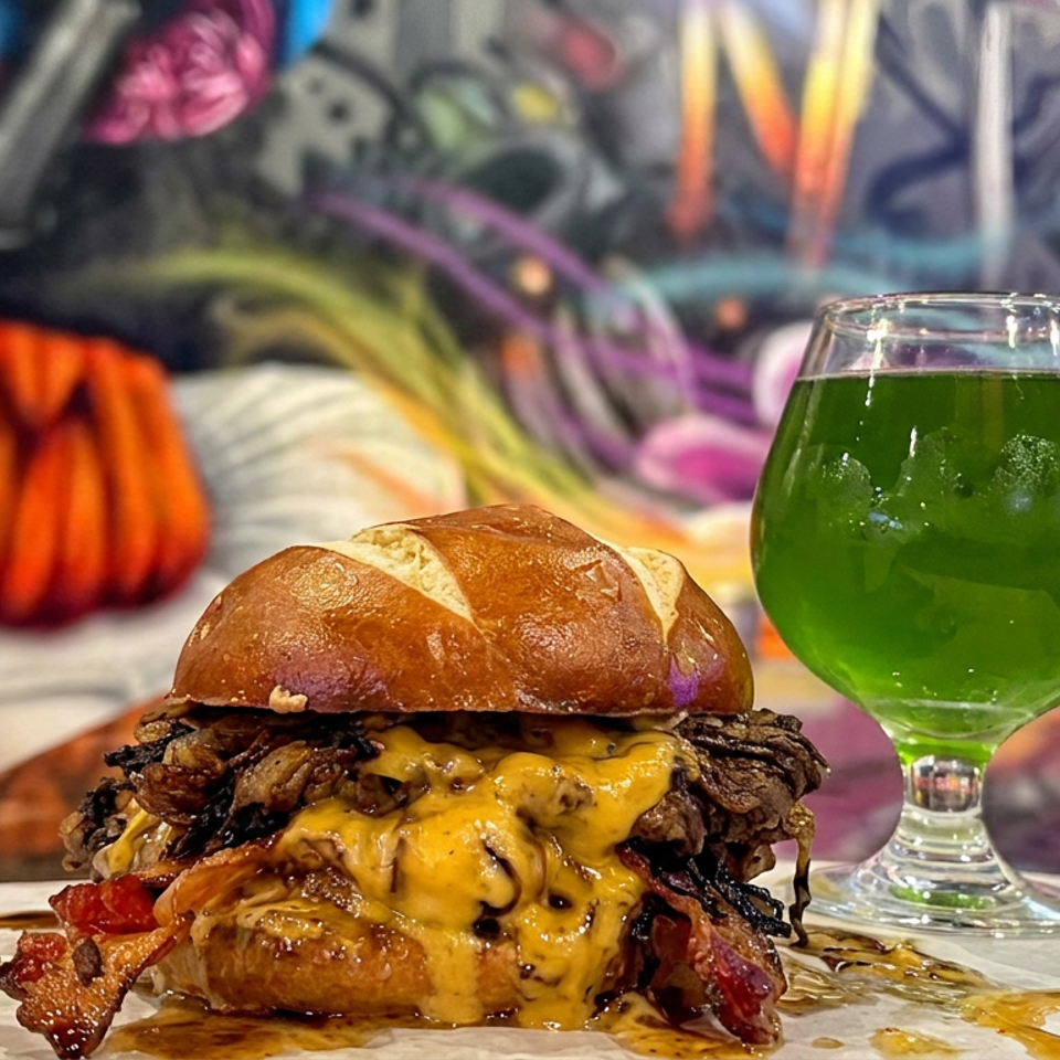Loaded cheeseburger with melted cheese, mushrooms, and bacon beside a bright green drink, set against colorful graffiti artwork.