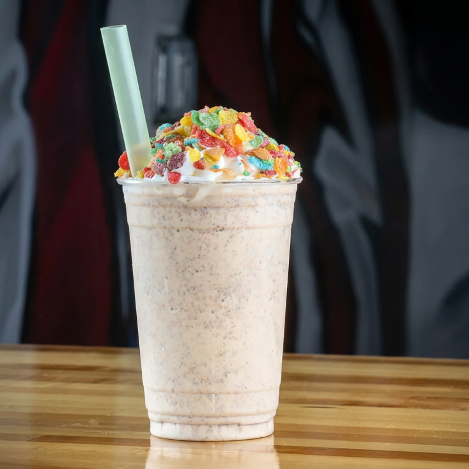 Creamy milkshake topped with whipped cream and colorful cereal pieces, served with a green straw on a wooden table.