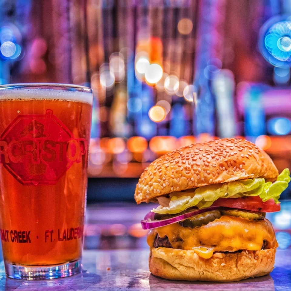Juicy cheeseburger with lettuce, tomato, onion, and sauce beside a pint of amber beer in a colorful bar.