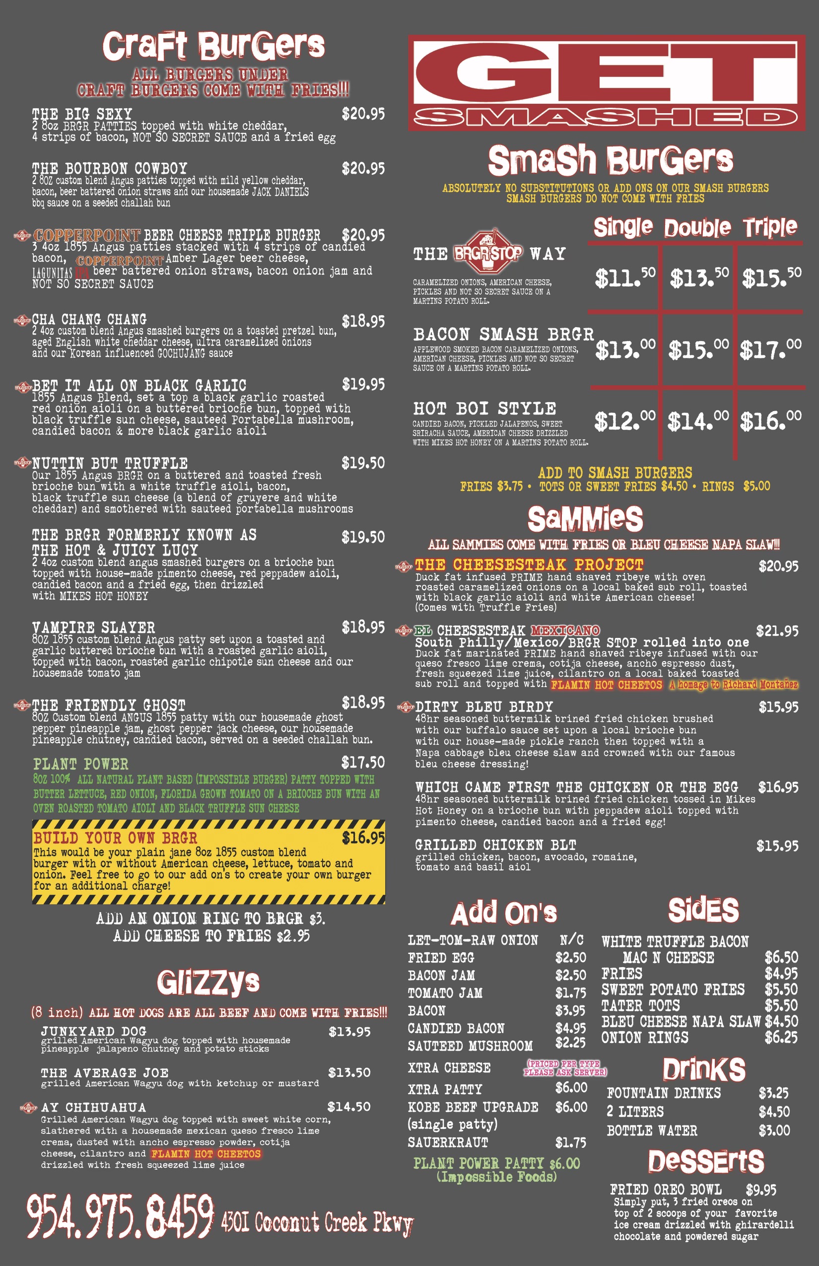 Front and back of a menu from BRGRSTOP, featuring various categories of food such as appetizers, salads, grilled wings, fried wings, and craft burgers, along with information on craft beers, milkshakes, and delivery services.