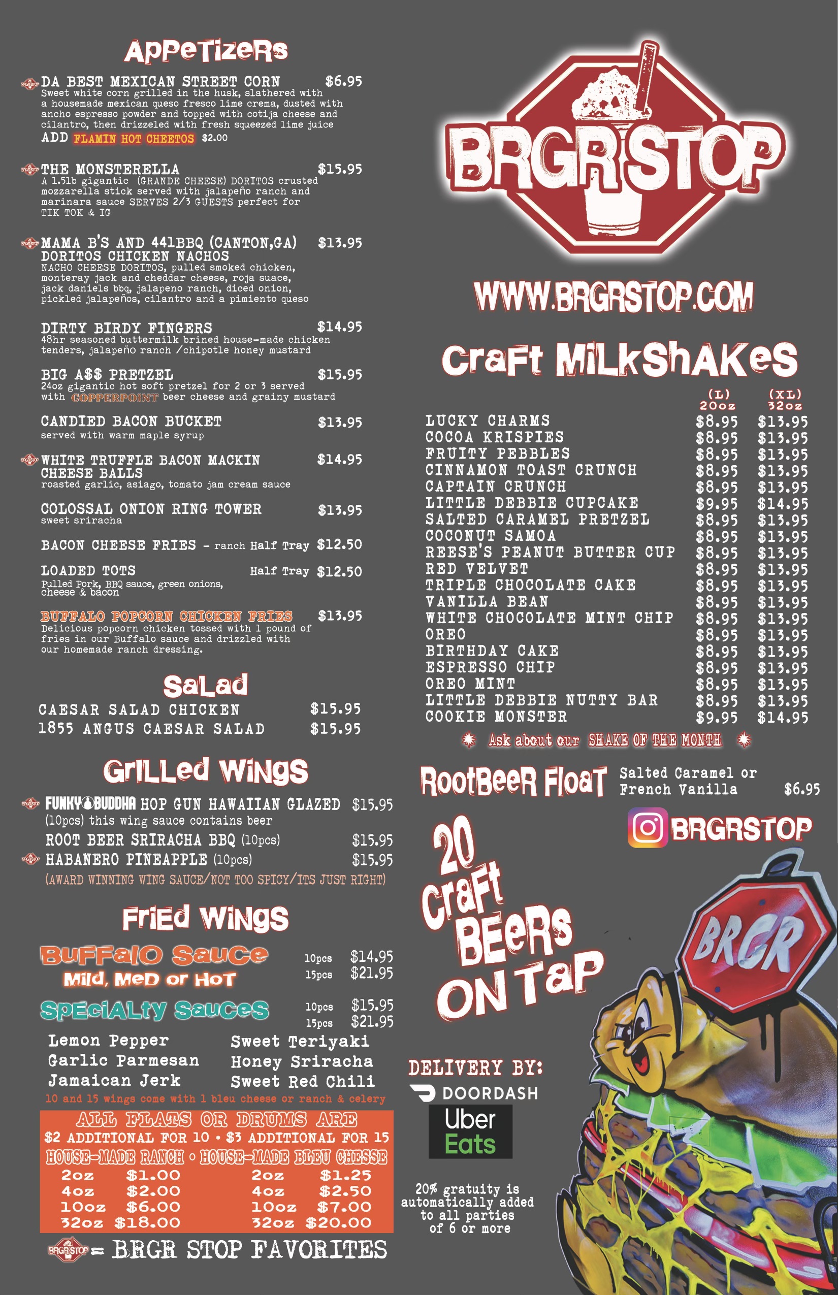 Front and back of a menu from BRGRSTOP, featuring various categories of food such as appetizers, salads, grilled wings, fried wings, and craft burgers, along with information on craft beers, milkshakes, and delivery services