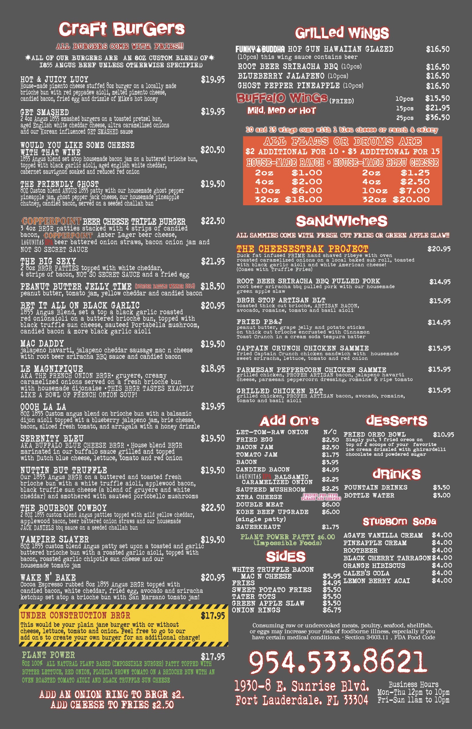 Menu showcasing a selection of craft burgers, grilled wings, sandwiches, add-ons, sides, desserts, and drinks, along with contact information for BRGRSTOP."
