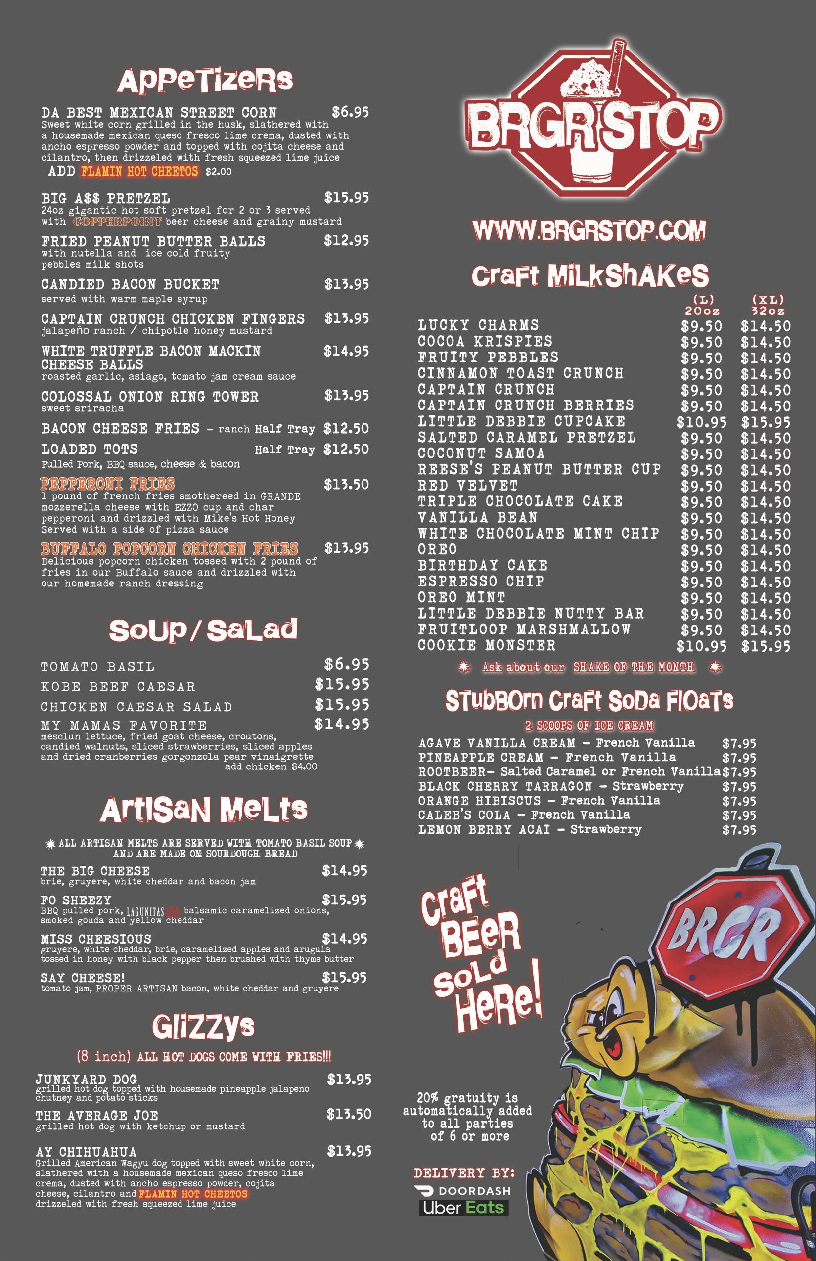 Menu from BRGRSTOP featuring appetizers, soups and salads, artisan melts, craft milkshakes, and craft soda floats, with a vibrant and colorful graphic design.